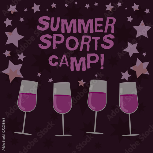 Handwriting text Summer Sports Camp. Concept meaning providing facilities for sleeping eating and handicrafts Filled Cocktail Wine Glasses with Scattered Stars as Confetti Stemware