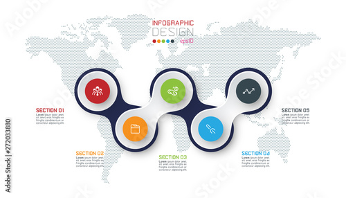 Circle linked with business icon infographics on world map background.