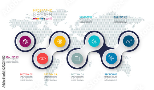 Circle linked with business icon infographics on world map background.