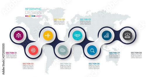 Circle linked with business icon infographics on world map background.