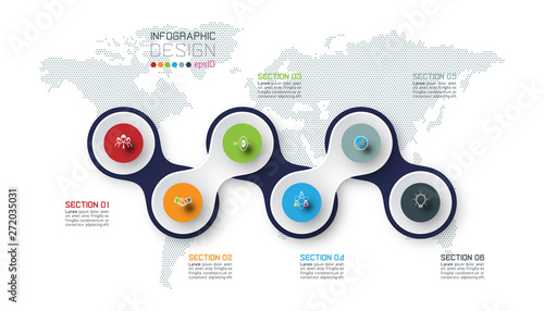 Circle linked with business icon infographics on world map background.