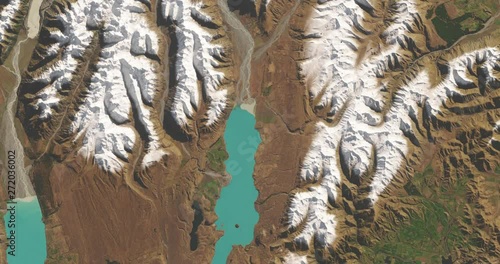 Very high-altitude overflight aerial of Lake Tekapo and Godley River, New Zealand. Clip loops and is reversible. Elements of this image furnished by NASA