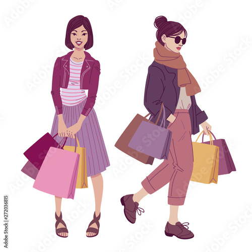 Fashion illustration. Beautiful women with shopping bags wearing trendy street style outfits. Vector drawing isolated on white background.