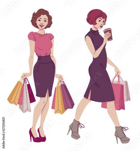 Retro style fashion illustration. Beautiful women with shopping bags in classic and elegant vintage dresses. Vector drawing isolated on white background.