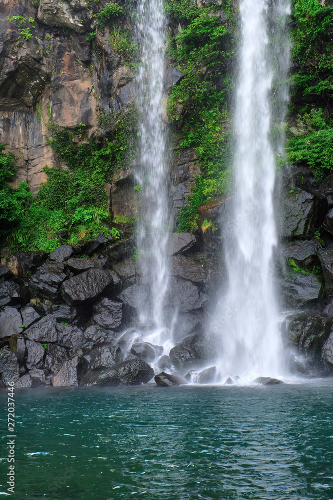 Jeongbang Falls is a famous tourist attraction in Jeju Island.