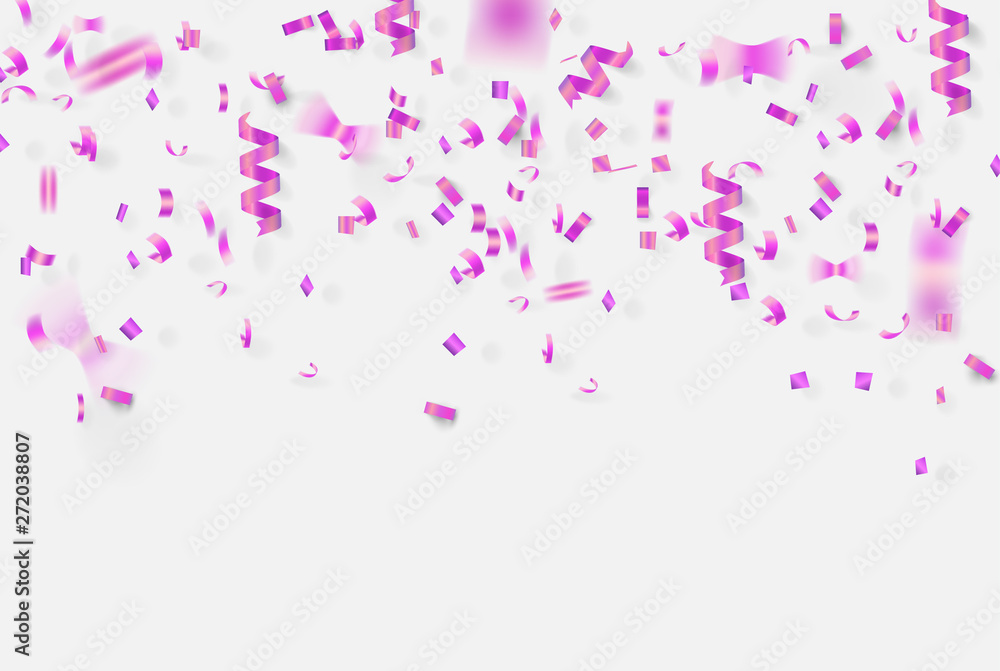 violet ribbon and confetti on white background