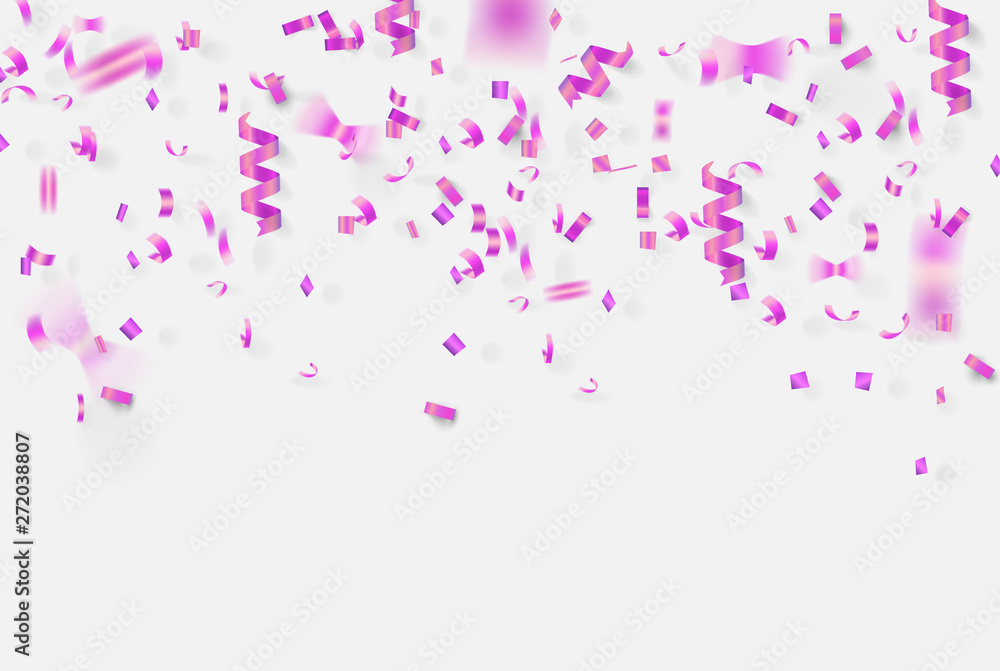 violet ribbon and confetti on white background violet ribbon and confetti on white background
