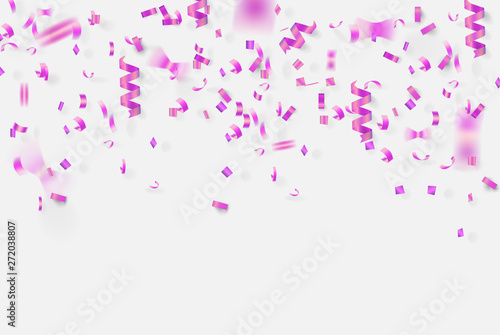 violet ribbon and confetti on white background