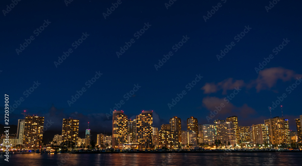 Waikiki Skyline at Night in Honolulu, Hawaii