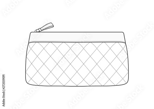 Quilted cosmetic bag, diamond stitching pattern zipped makeup bag, daily zip pouch vector illustration sketch template