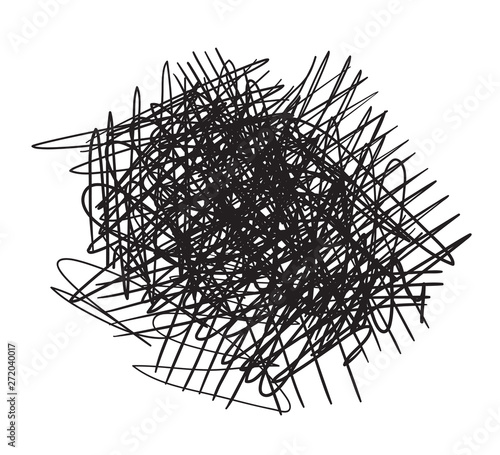 Chaos on white. Abstract tangled shape. Random chaotic lines. Hand drawn dinamic scrawls. Black and white illustration
