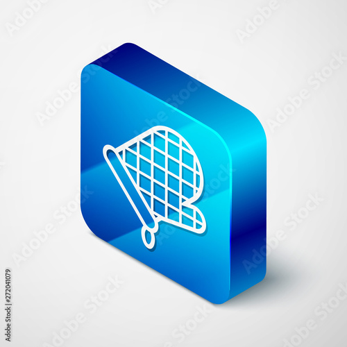 Isometric Oven glove icon isolated on white background. Kitchen potholder sign. Cooking glove. Blue square button. Vector Illustration