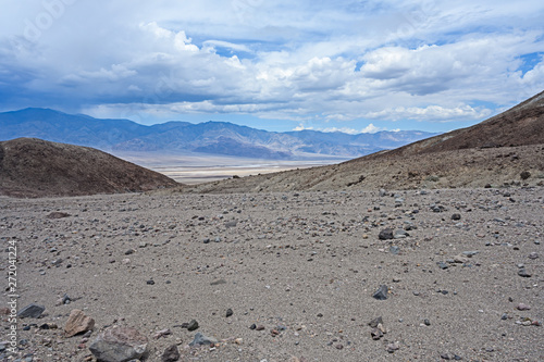 Death Valley, California / USA - May 25, 2019: Landscape in Death Valley on Artist Drive with beautiful colors, clouds moving on day time. 