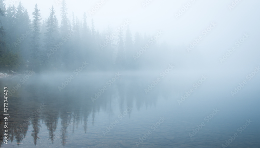 Misty morning at Pyramid Lake in Jasper National park, Canadian Rockies