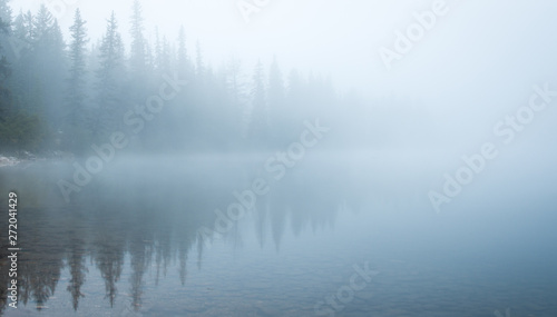 Misty morning at Pyramid Lake in Jasper National park, Canadian Rockies © Janice