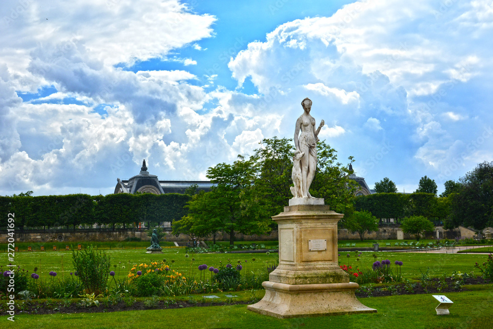 PARIS, FRANCE - MAY 25, 2019: Jardin des Tuileries (Tuileries garden, 1564). Jardin des Tuileries is a public garden located between Louvre Museum and Place de la Concorde