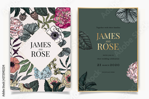 Wedding Invitation, floral invite thank you, rsvp modern card Design in white rose with red berry and leaf greenery  branches decorative Vector elegant rustic template