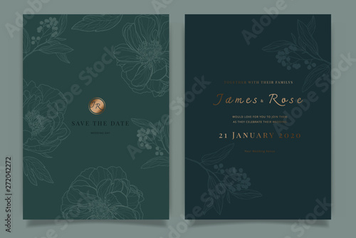 Wedding Invitation, floral invite thank you, rsvp modern card Design in white rose with red berry and leaf greenery  branches decorative Vector elegant rustic template