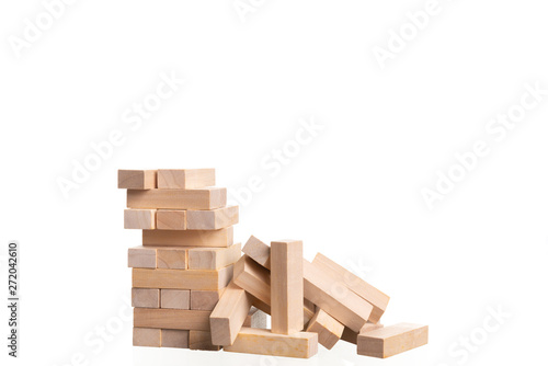Close up blocks wood game on white background.