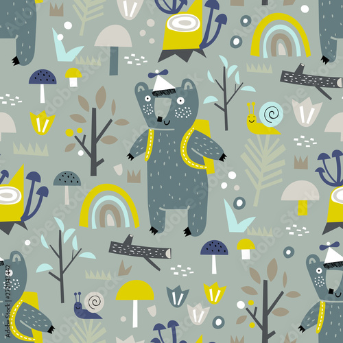 Baby seamless pattern with forest, trees and bear. Vector texture in childish style great for fabric and textile, wallpapers, backgrounds. Pastel colors.