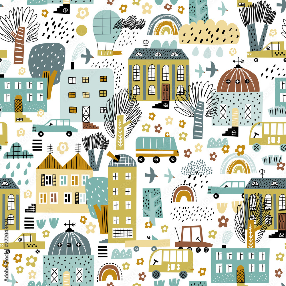 Fototapeta Cute seamless pattern with old and modern buildings and transport.  Seamless city landscape. Scandinavian style. Good for kids fabric, textile, nursery wallpaper.