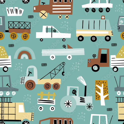 Seamless pattern with cute car. Perfect for kids fabric, textile, nursery wallpaper.