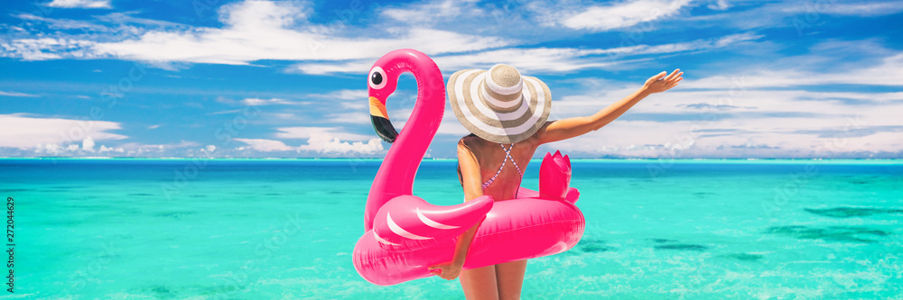 Happy summer vacation fun woman tourist enjoying travel holidays on beach  banner background ready for swimming pool with flamingo float - funny  holiday concept. Stock Photo | Adobe Stock