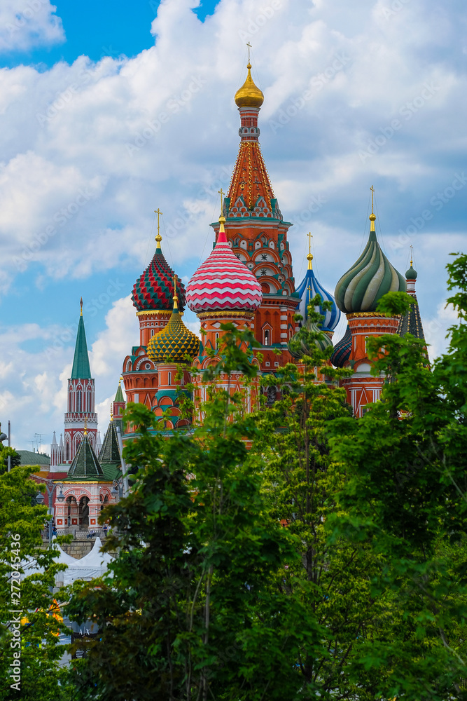 Moscow, Russia - June, 3, 2019: view to St. Basil's Cathedral and Moscow Kremlin from Park Zariadiye
