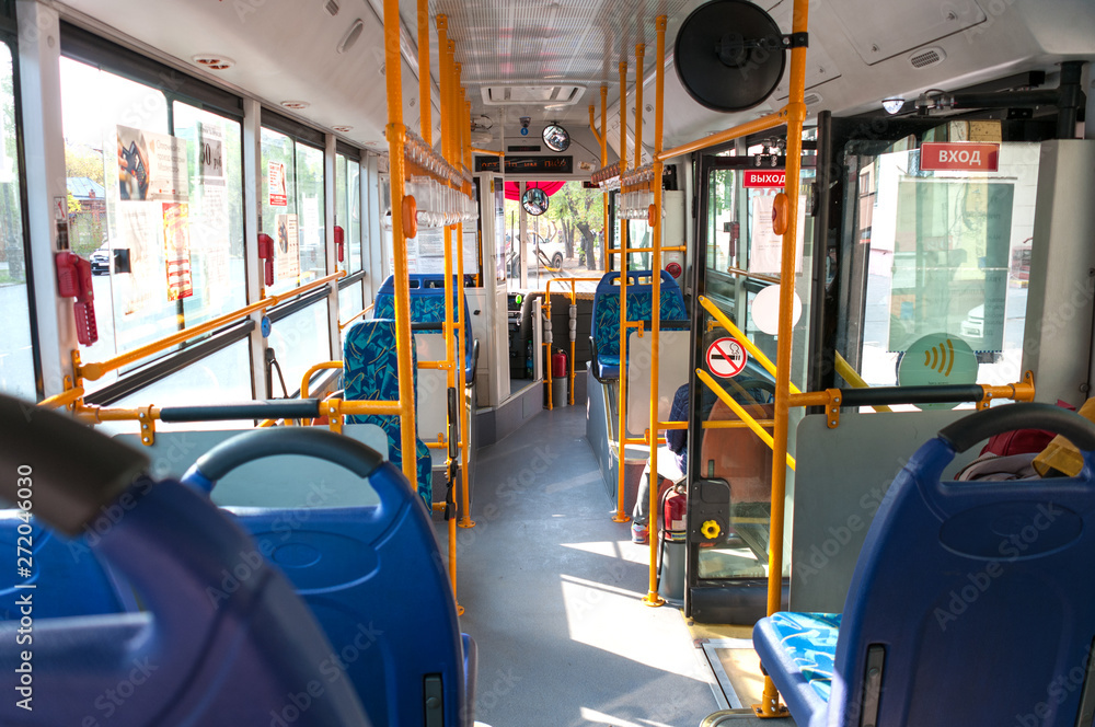 Russia, Khabarovsk, may 12, 2019: interior of an empty modern bus