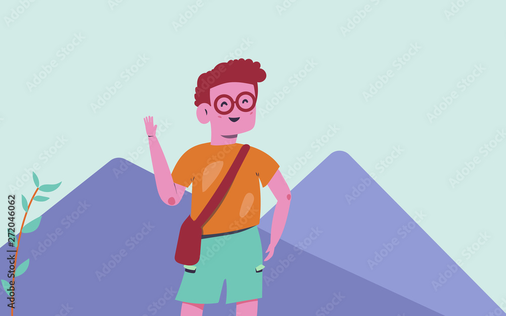 Vector background with cute people in the nature. Outdoor banner with young people  mountain. Smiling boy