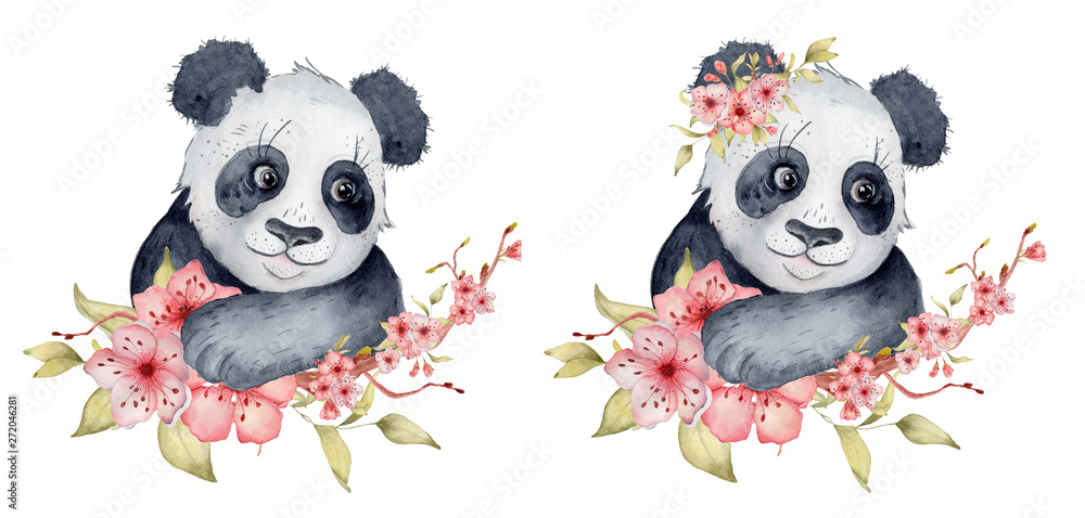 Fototapeta premium Watercolor panda bear illustration with sakura flowers decor Cute animal