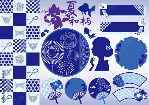 夏和柄和風季節素材セット藍色紫青stock Vector Adobe Stock 夏和柄和風季節素材セット藍色紫青stock Vector Adobe Stock