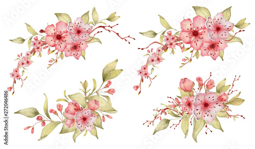 Sakura flowers watercolor illustration. Blossom petal bouquet 