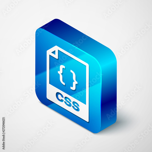 Isometric CSS file document icon. Download css button icon isolated on white background. CSS file symbol. Blue square button. Vector Illustration