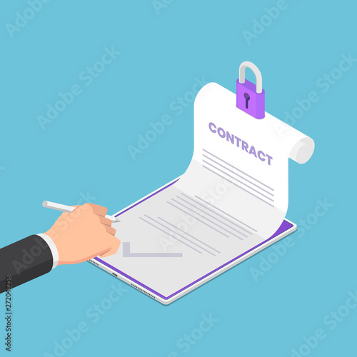 Isometric businessman hand sign up on electronic contract