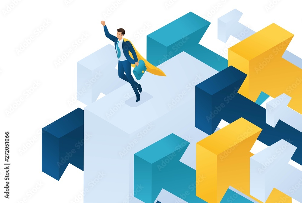 Isometric aiming for the top, a businessman flies on large arrows. Concept for web design Isometric aiming for the top, a businessman flies on large arrows. Concept for web design