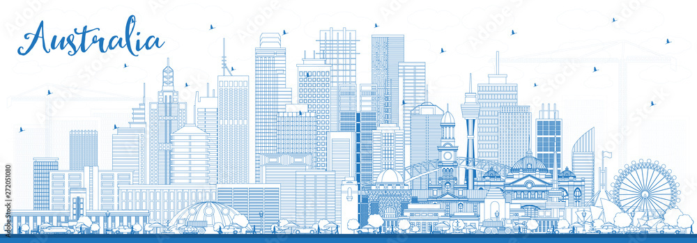 Naklejka premium Zarys panoramę miasta Australii z niebieskimi budynkami.