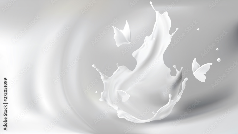 Milk splash crown shape and white liquid silhouettes of flying butterflies isolated on gray wavy blurred background Milk splash crown shape and white liquid silhouettes of flying butterflies isolated on gray wavy blurred background