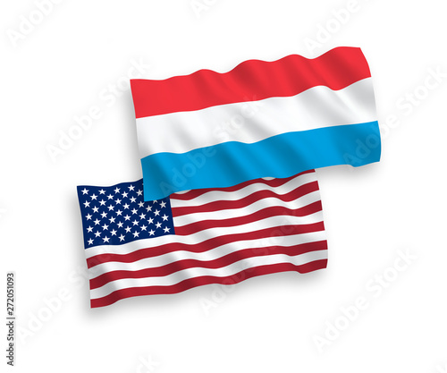 National vector fabric wave flags of Luxembourg and USA isolated on white background. 1 to 2 proportion.
