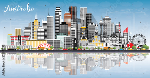 Australia City Skyline with Gray Buildings, Blue Sky and Reflections.