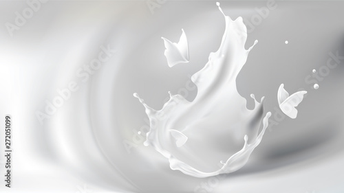 Milk splash crown shape and white liquid silhouettes of flying butterflies isolated on gray wavy blurred background
