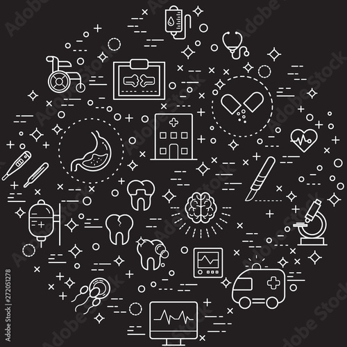 Simple Set of organ and medical Related Vector Line Illustration. Contains such Icons as hospital, brain, heart and more. Modern style line drawing and background color black. 