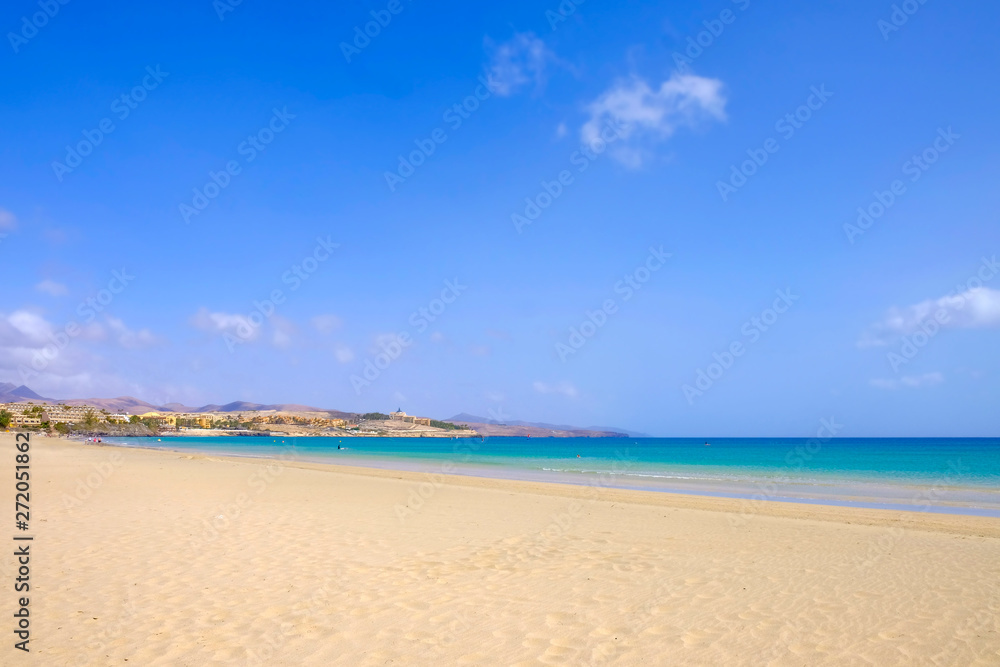 Beach Costa Calma on Fuerteventura with resorts, Canary Islands.