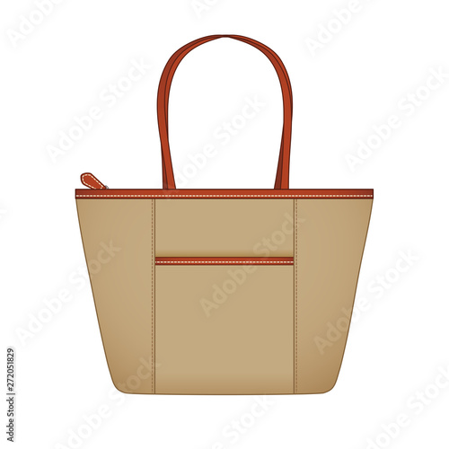 khaki tote bag with outer pocket, handbag with front open pocket, vector illustration sketch template isolated on white background