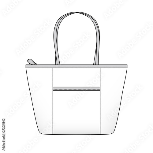 zippered tote bag with outer pocket, handbag with front open pocket, vector illustration sketch template isolated on white background