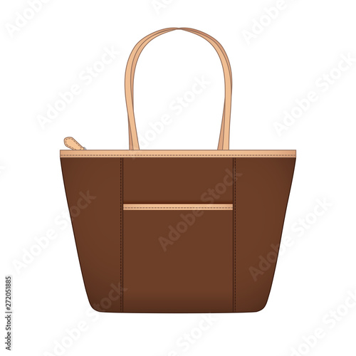 brown tote bag with outer pocket, handbag with front open pocket, vector illustration sketch template isolated on white background