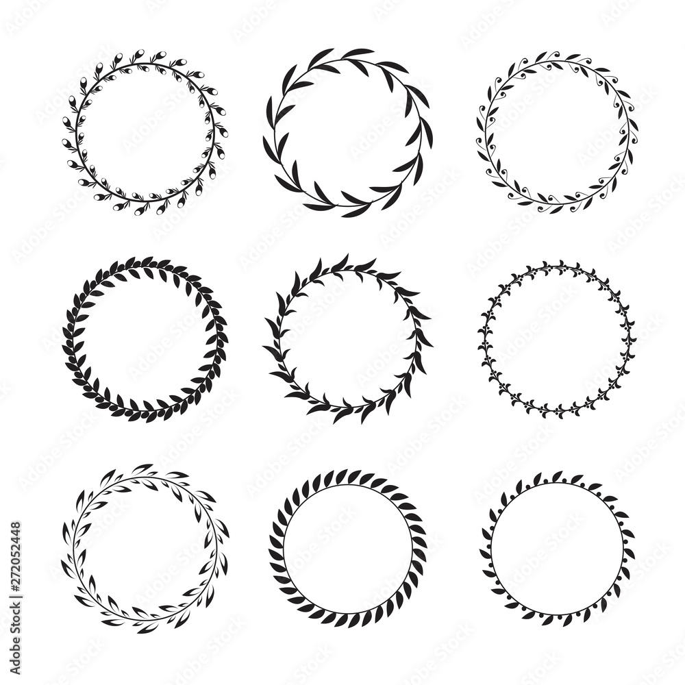 Collection of black and white circular laurel wreaths for use as design elements Collection of black and white circular laurel wreaths for use as design elements