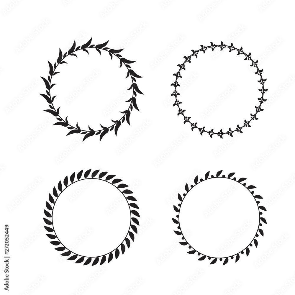 Collection of black and white circular laurel wreaths for use as design elements Collection of black and white circular laurel wreaths for use as design elements