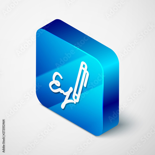 Isometric Signature line icon isolated on white background. Pen and undersign, underwrite, ratify symbol. Blue square button. Vector Illustration
