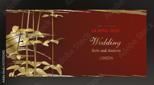 Tropical gold leaves on maroon background vector. Botanical exotic horizontal design with golden tropic jungle creeper plant stem and paint smear. Wedding ceremony invitation card, holiday sale